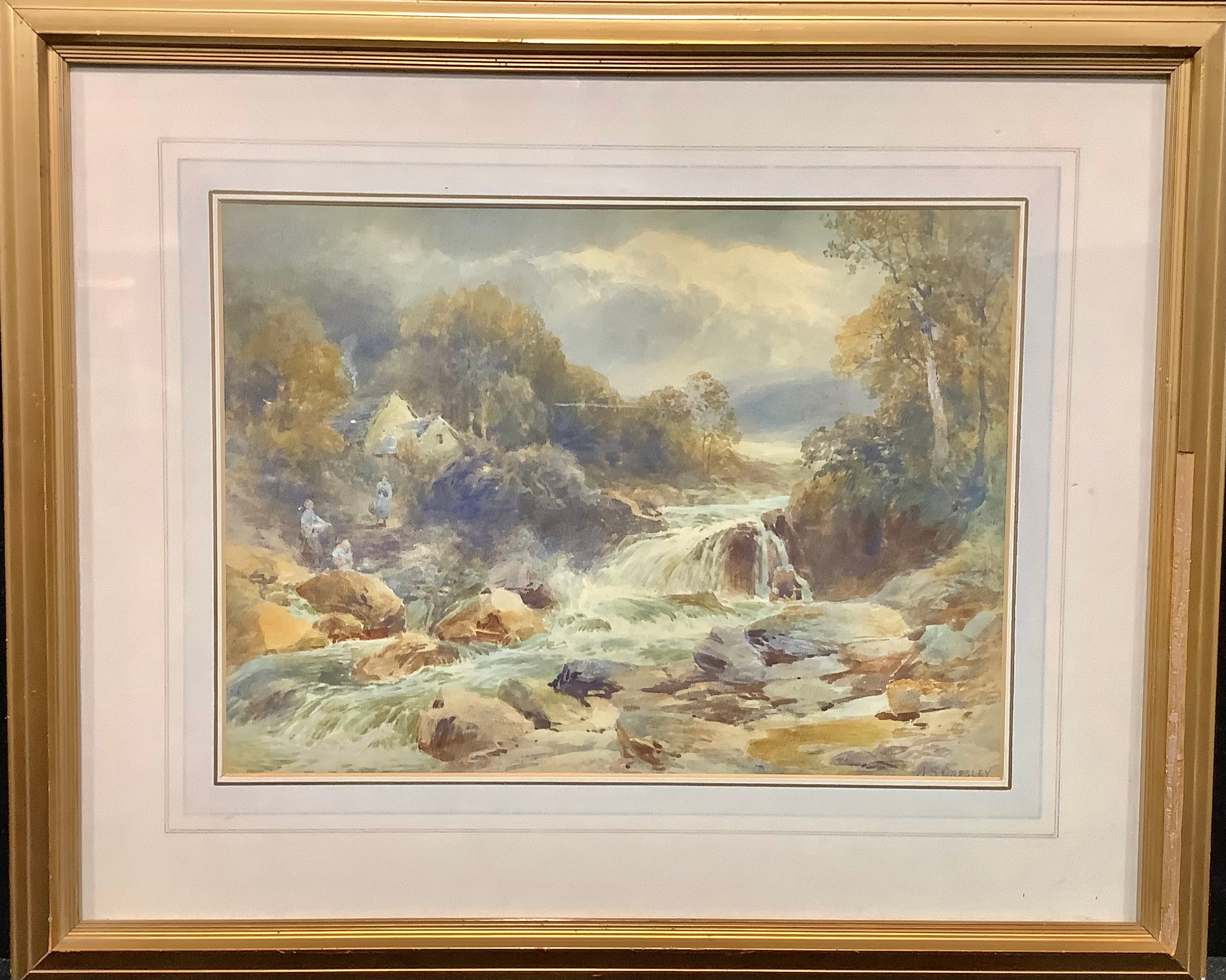 James Stephen Gresley Figures and Cottage Beside Rocky Stream signed, watercolour, 28cm x 38cm - Image 2 of 4