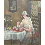 English School (20th century) Elegant Lady Taking Tea oil on canvas, 60cm x 50cm