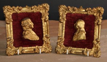 Methodism - a pair of 19th century gilt metal portrait plaques, the rectangular plaques cast with