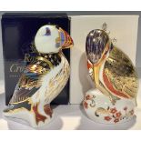 A Royal Crown Derby paperweight, Kingfisher, gold stopper, boxed; another, Puffin, gold stopper,