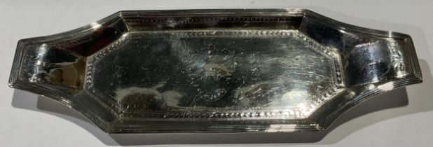 A George III silver shaped rectangular tray, reeded border, central shield shaped cartouche with