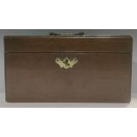 A George III mahogany rectangular tea caddy, hinged cover enclosing three compartments, brass