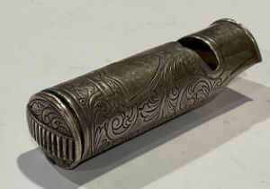 A silver novelty combination vesta case and whistle, 6.5cm long, import mark for London 1975