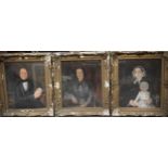 English School (19th century) A set of three, Family Portraits, mixed media on canvas, 74cm x