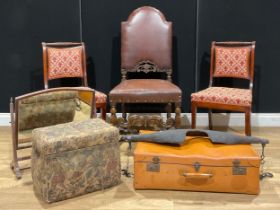 A William & Mary style oak side chair; a pair of side chairs; a dressing glass; suitcase; etc (7)