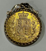 A Victorian full gold sovereign, 1873, young head, shield back, mounted in 9ct gold as a pendant, 9g