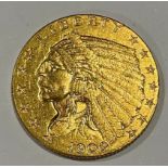 Coins - an American gold $2 1/2 coin, Native American head, 1909