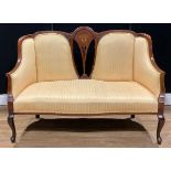 A French Hepplewhite style mahogany and marquetry sofa, 92.5cm high, 125.5cm wide, early 20th