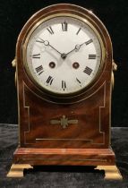 A late 19th century mahogany domed bracket type mantel clock, brass inlay, pair of lion mask loop