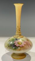 A Royal Worcester bottle vase, signed, painted with bramble and blossom, blush ivory accents,