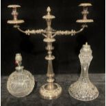 A plated three light, two branch candelabrum, 50cm high; a mid 20th century cut glass spherical