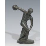 Grand Tour School, a verdigris patinated bronze, Discobolus, after the antique, oval base, 13.5cm