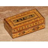 A Tunbridge ware rectangular vesta box, inlaid with geometric banding and inscribed Matches, striker