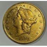 Coins - an American gold $20 coin, eagle and crest, 1877