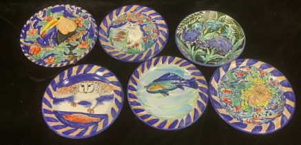 Studio Pottery - a collection of six Wetheriggs, Penrith, Pottery plates, painted with various