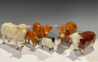 A John Beswick model of a Highland cow and calf, a Charolais bull, a Limousin Bull, a Hereford bull,