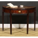 A George III mahogany demilune tea table, hinged top above a single frieze drawer, tapered legs,