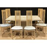 A contemporary travertine dining table, 73.5cm high, 170cm long, 100cm wide; a set of six dining