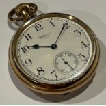 A Waltham open face gold plated pocket watch, white enamel dial, subsidiary seconds dial, Arabic
