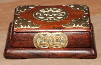 A Chinese hardwood box and stand, the cover applied in brass cut-card work with bats and double