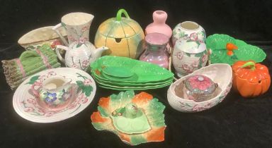 A Maling pink lustre roses teapot; others including bisquit barrel, jug, pedestal dish, etc; Beswick