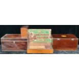 A 19th century mahogany rectangular tea caddy, marquetry banded hinged cover, 31cm wide, a/f; a