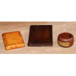 A 19th century yew rectangular visiting card case, sliding cover, 11.5cm long, c.1840; a 19th