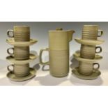 A Denby Chevron pattern tall coffee pot, 24.5cm, six coffee cans and saucers, c.1960