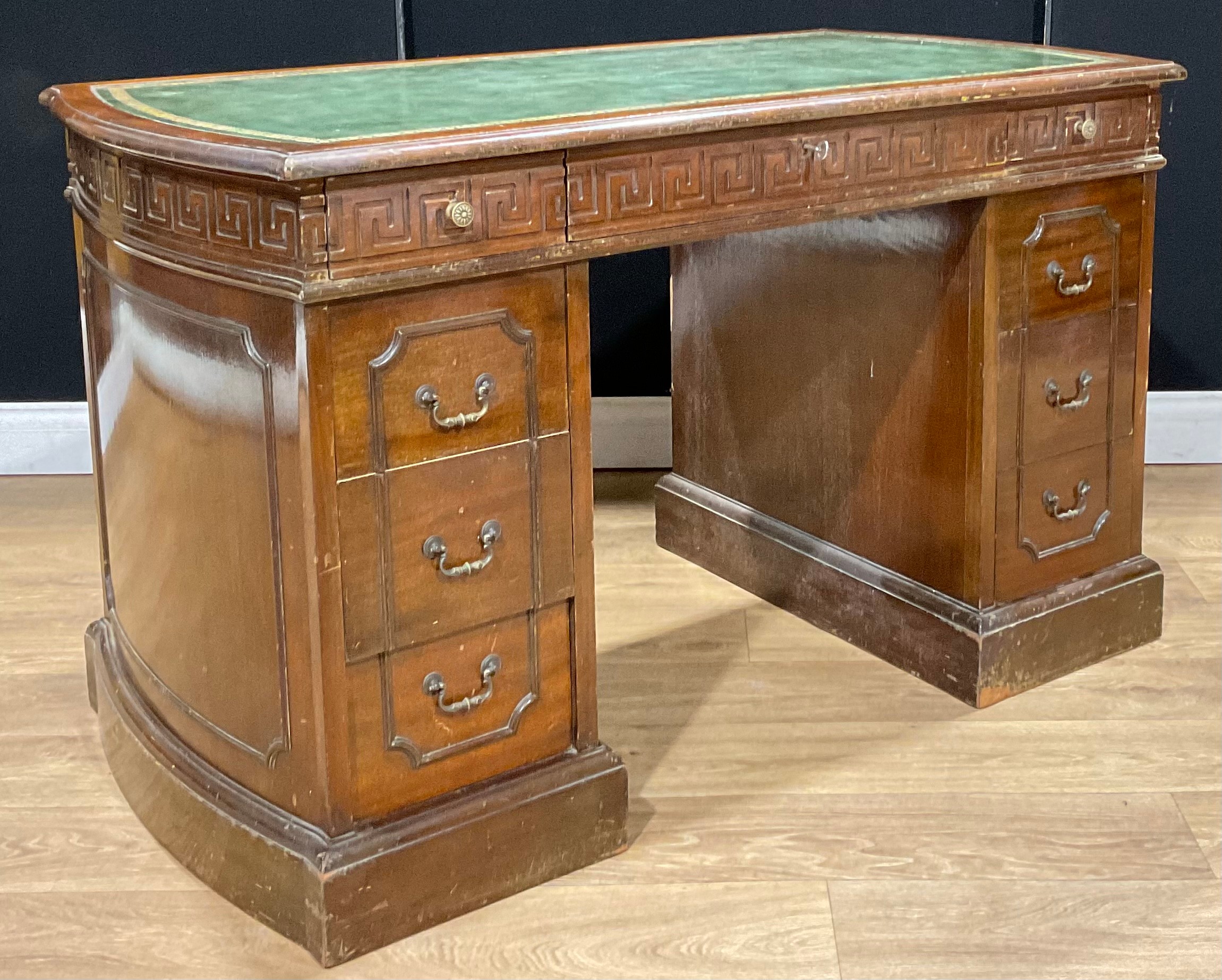 A George III Revival mahogany desk, discorectangular top with inset tooled and gilt writing - Image 2 of 3