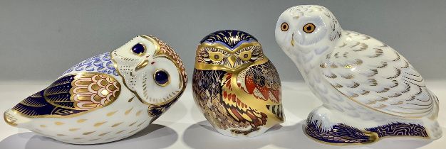 A Royal Crown Derby paperweights, Snowy Owl, Collector's Guild exclusive, gold stopper; others,