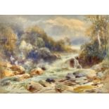 James Stephen Gresley Figures and Cottage Beside Rocky Stream signed, watercolour, 28cm x 38cm