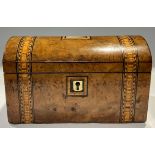 A Victorian walnut and marquetry banded dome top walnut tea caddy, rectangular mother of pearl