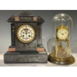 A 19th century Belge noir architectural mantel clock, 33.5cm high; a brass torsion clock, glass