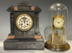 A 19th century Belge noir architectural mantel clock, 33.5cm high; a brass torsion clock, glass