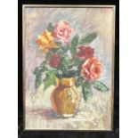English School (20th century) Impressionist Still Life, Roses in a Vase oil on hardboard, 44cm x