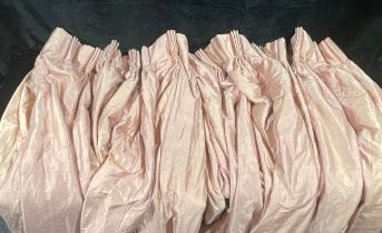 Textiles - a large pair of pink silk interlined curtains, 150cm length x 193cm width