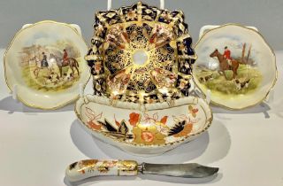 A Royal Crown Derby 2451 pattern shaped square trinket dish; a pair of hunting scene trinket dishes;