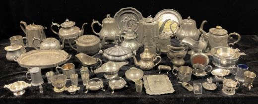 Pewter - 19th century and later pewter teapots, condiments, Quaich bowls, cream jugs, sugar scuttle,