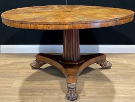 A William IV mahogany centre table, circular tilting top, fluted spreading cylindrical column,