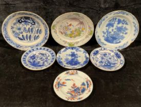 A collection of seven 18th century Delft plates, various sizes, the largest 30.5cm diameter; a