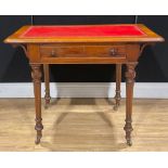 A Victorian mahogany writing table, drawer to frieze, blind to verso, turned and fluted legs,