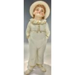 A Royal Worcester James Hadley figure, his boater hat pierced as a hat pin stand, 16.5cm, printed