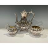A Victorian EPBM three piece pumpkin shaped coffee service, the coffee pot with bud finial, acanthus