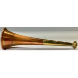 Equestrian and Country Sports - a copper and brass hunting horn, 22cm long