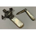 A silver and mother of pearl rattle, Birmingham 1904; a silver and mother of pearl pocket