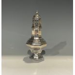 An silver octagonal baluster sugar caster, pierced dome cover, knop finial, Birmingham, 16.5cm high,