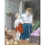 A late 19th century decorative printed tile, hand tinted in bright colours, mother and child in a