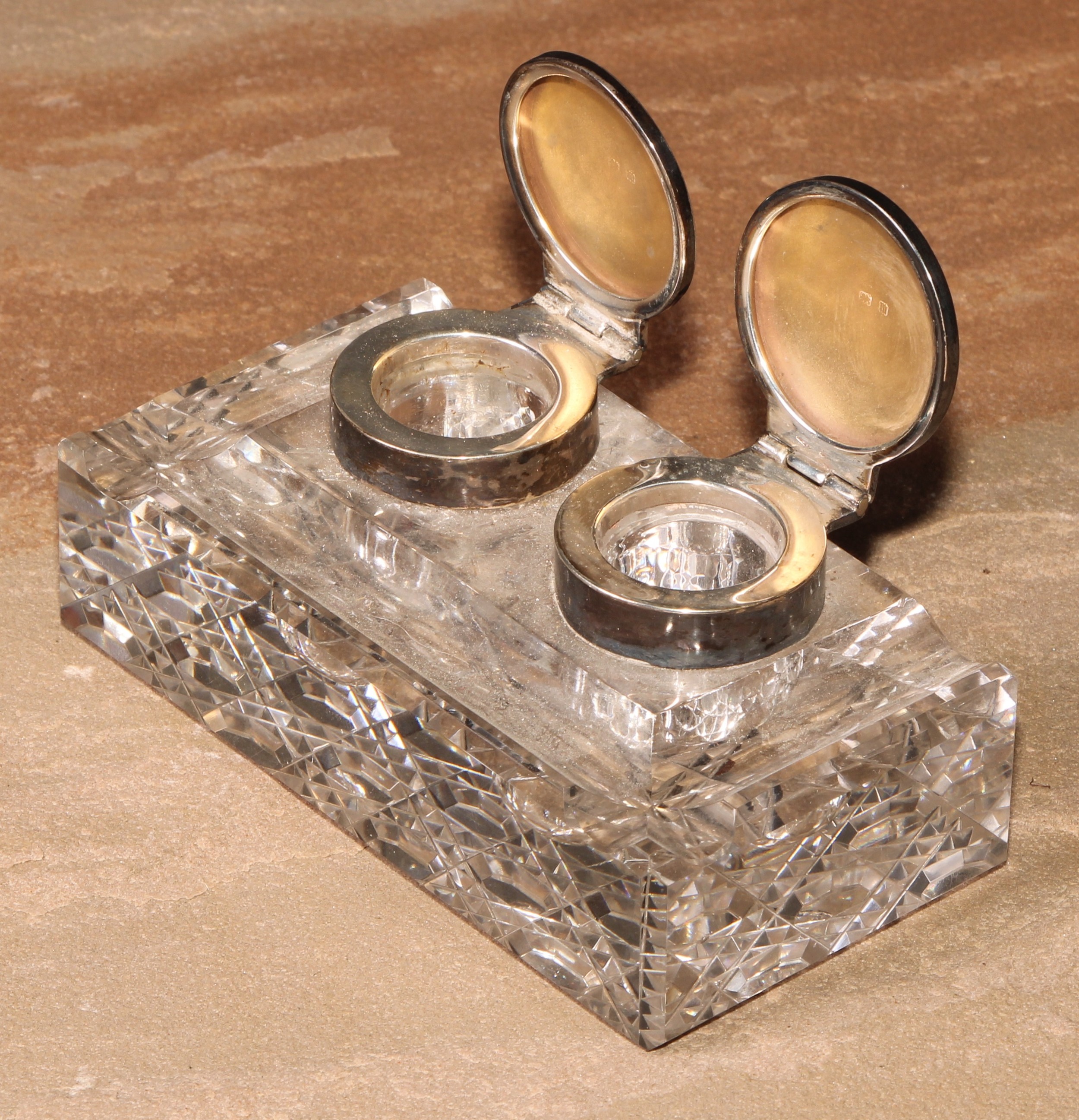 A George V silver mounted twin-section desk inkwell, hinged covers, hobnail-cut base, 11.5cm wide, - Image 2 of 4