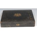 A Victorian rectangular embossed Morocco leather patent document box, with Royal coat of arms in