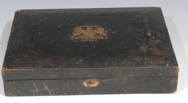 A Victorian rectangular embossed Morocco leather patent document box, with Royal coat of arms in